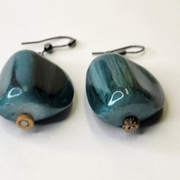 Teal/Black/Golden Colour Fusion Wood Bead Drop Earrings with Silver Tone Closure - Picture 7 of 8